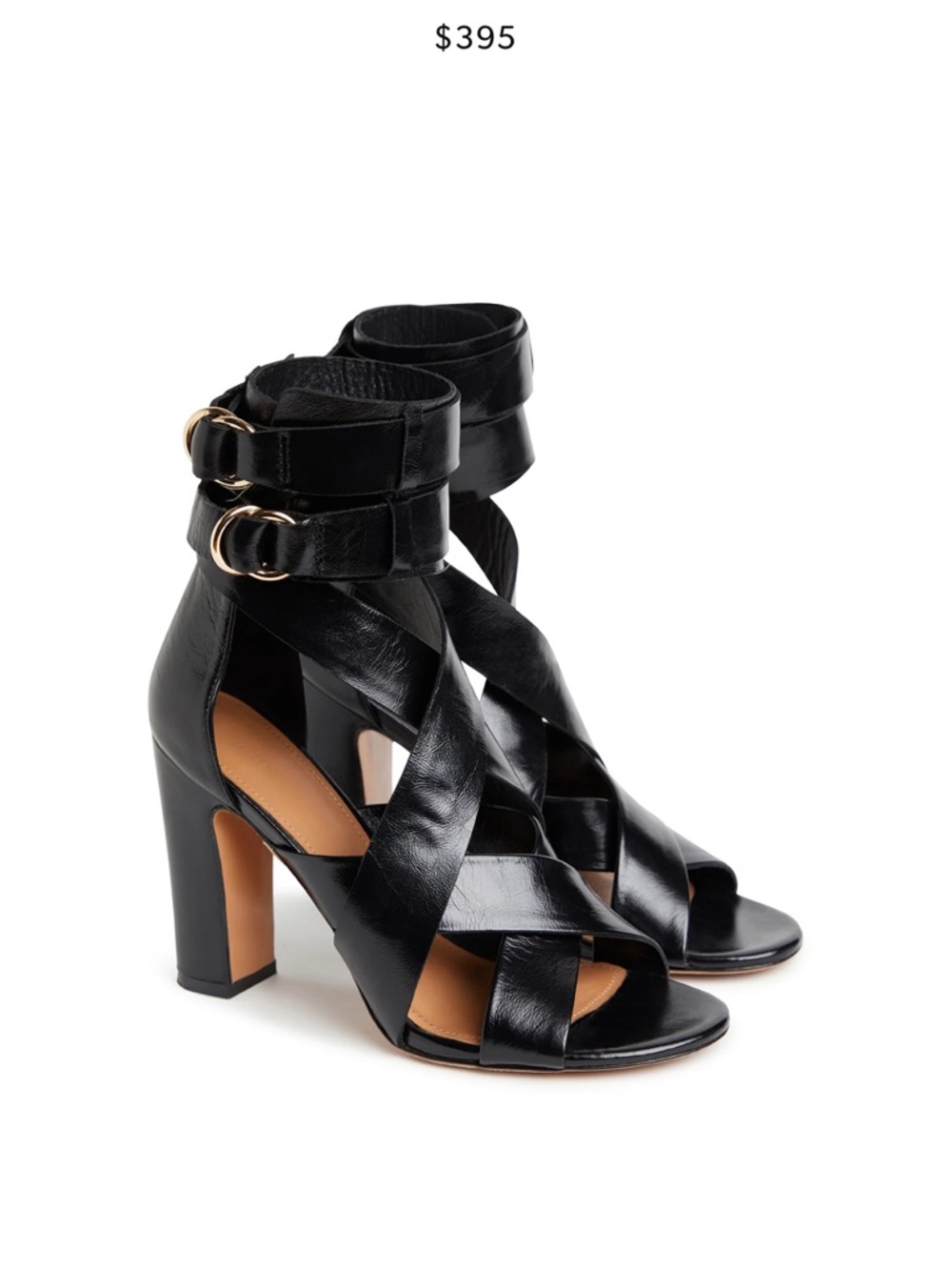Cynthia Rowley Black Leather Crisscross Ankle-Strap Heels with Gold Buckles